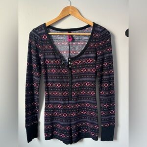 Women’s La SENZA Placket Front Onsie Black & Pink Geometric Pajama Romper